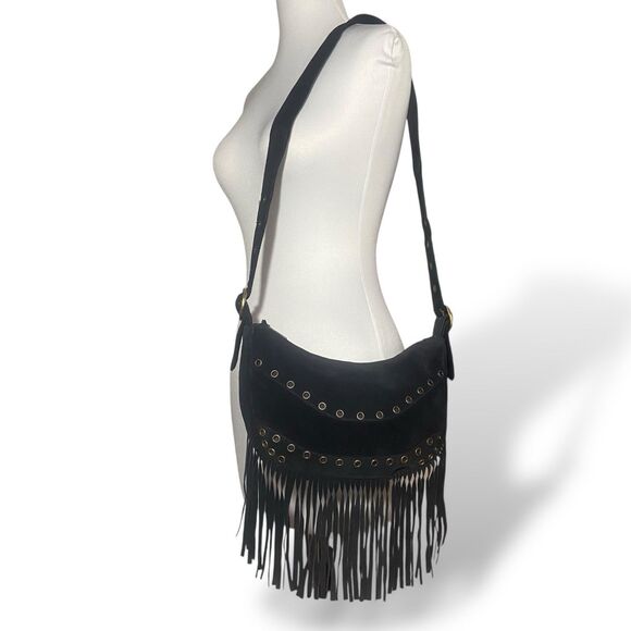 Western Fringe Grommet Black Genuine Suede Shoulder Bag Purse Crescent Boho - Picture 1 of 10